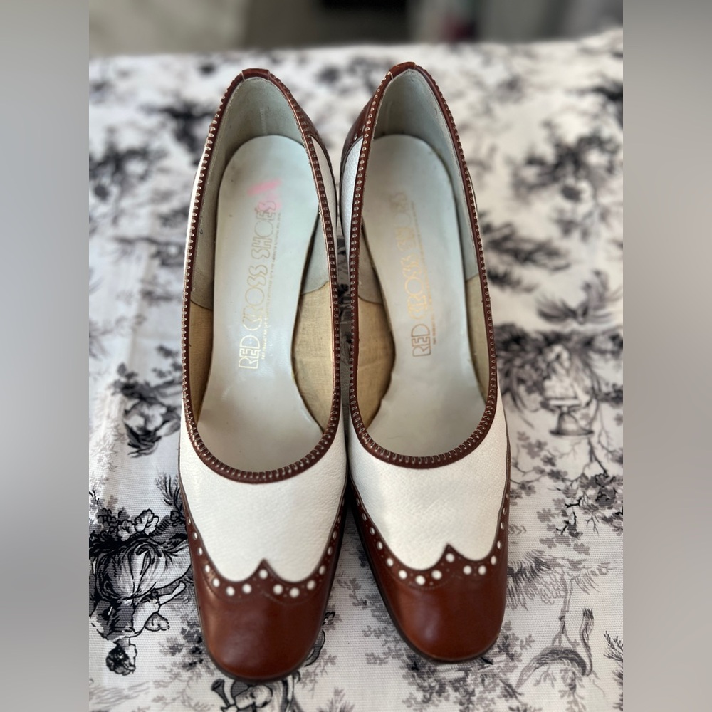 Two-Tone Brown and White Wingtip Pumps
